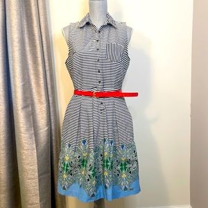 TOMMY HILFIGER Sleeveless Shirt Dress Striped Oxford Paisley Border Blu Size L